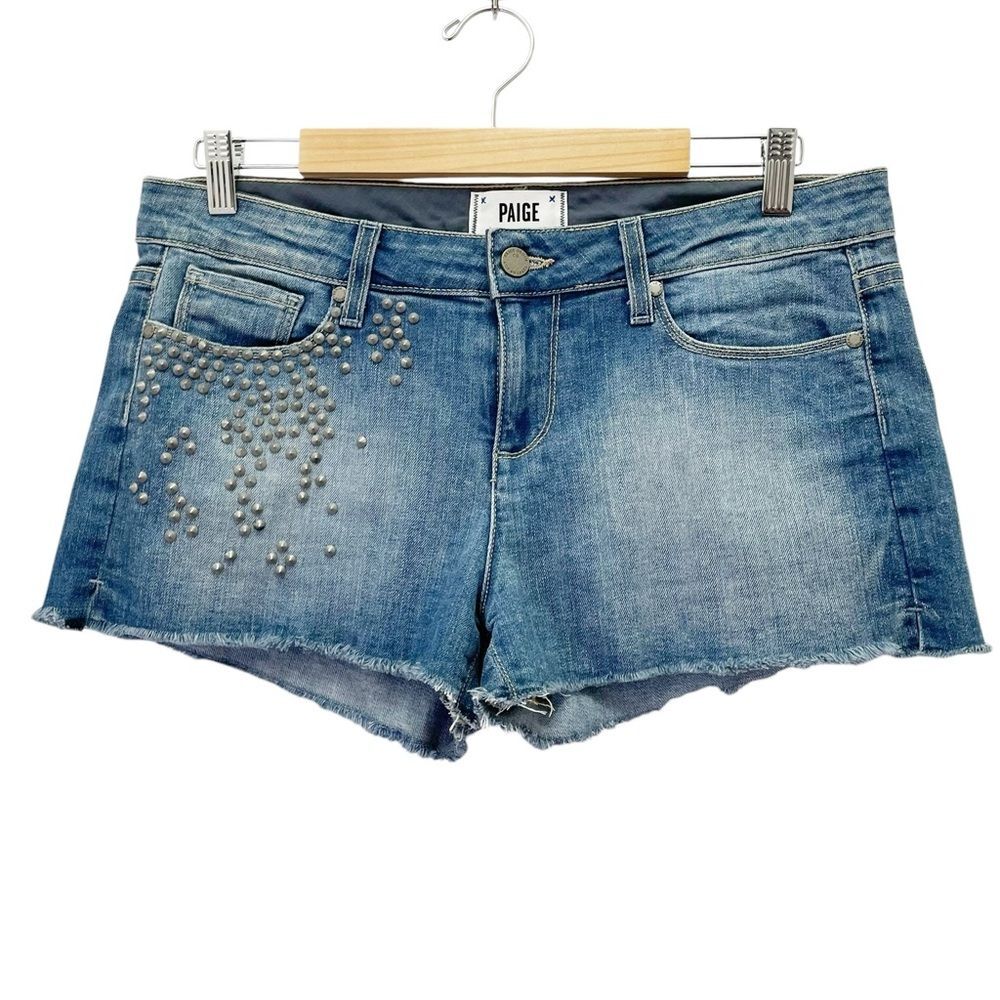 Paige Denim Jean Shorts Size 29 Blue Distressed Studded Raw Hem Paxton Stretch